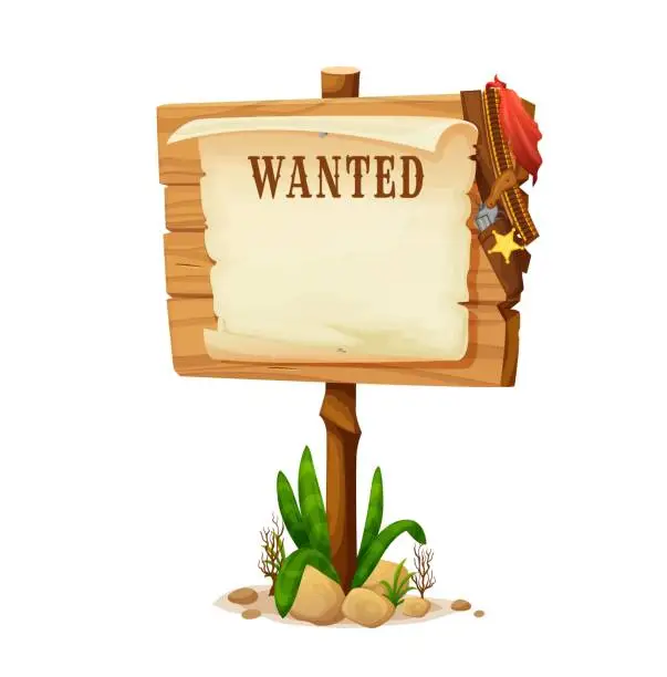 Vector illustration of Cartoon wild west wanted board, vector wooden sign