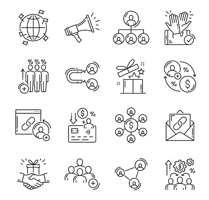 Affiliate and referral program outline icons. Affiliate marketing strategy, customers network and sales management, referral bonus line icons, loudspeaker, people, gift box and money pictograms