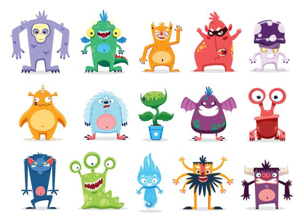 Cartoon monster characters, funny alien creatures Cartoon monster characters, funny alien creatures and kids personages, vector bizarre animals. Cute cheerful monsters, devils and goblins, Yeti troll, alien flower plant, dragon or gremlin and cyclops yeti cartoons stock illustrations