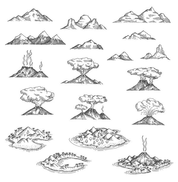 inselgebirge, vulkanskizze, lavaausbruch - hawaii inselgruppe stock-grafiken, -clipart, -cartoons und -symbole