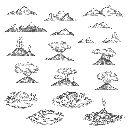 Island mountains and volcano sketch, vector treasure map landscape elements . Volcano lava eruption at sea or ocean beach, sketch etching tropical cove bay with volcanic mountains on island coast