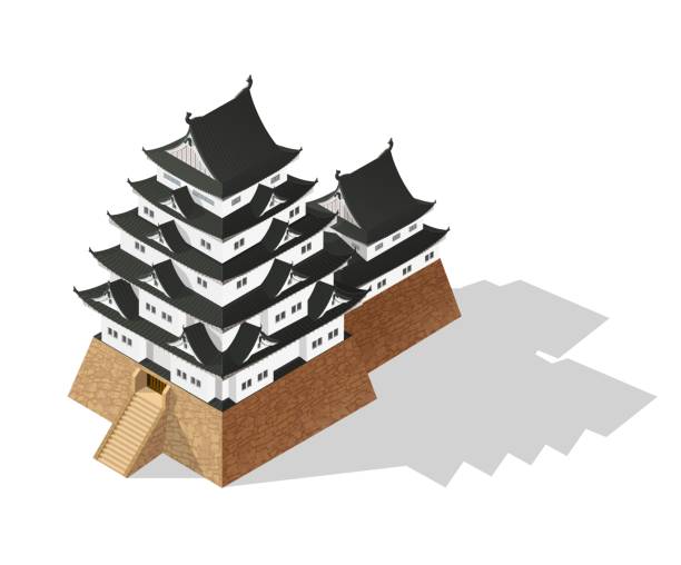 Isometric abstract Japanese castle, citadel temple Isometric abstract Japanese castle, Japan fort or fortification, vector temple pagoda. Japanese citadel fortress or Medieval palace with towers, samurai defence house with wall and gate bridge egyptian palace stock illustrations