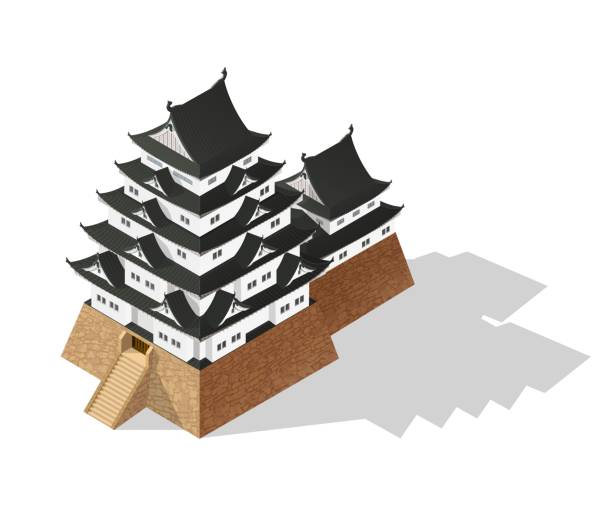 Isometric abstract Japanese castle, citadel temple Isometric abstract Japanese castle, Japan fort or fortification, vector temple pagoda. Japanese citadel fortress or Medieval palace with towers, samurai defence house with wall and gate bridge cartoon palace stock illustrations