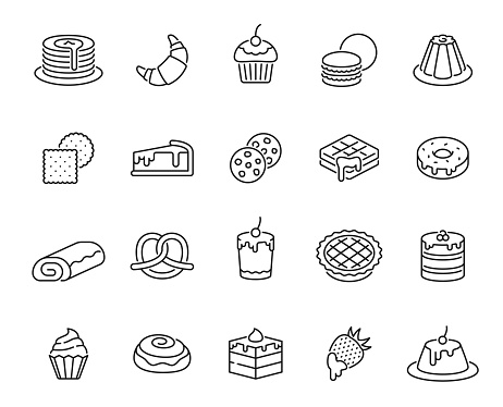 Dessert line icons. Sweet pastry and bake outline pictograms or symbols of pancake, strudel and croissant, muffin, cheesecake and cookies, pudding, cake, waffles and donut, pretzel, apple pie, bun