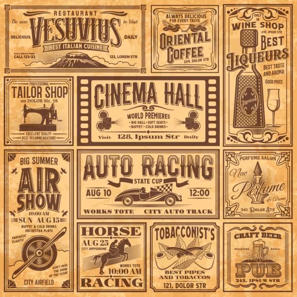 Vintage newspaper banners, old advertising, ads Vintage newspaper banners, old advertising. Vector ads for italian restaurant, coffee, wine and tailor shop. Cinema hall, air show, auto and horse racing, tobacco products and craft beer with perfume beer brands stock illustrations