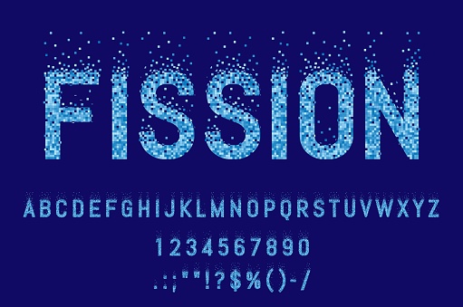 Split mosaic pixel font, fission typeface or halftone type and pool alphabet, vector typography letters. Split mosaic text font of square tiles from swimming pool or blue bits fission for ABC typeset