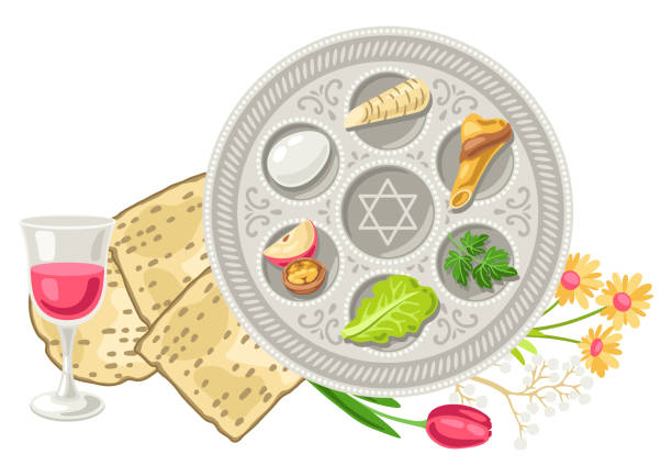 행복한 유월절 유대인 유월절 접시 그림입니다. 전통적인 기호가 있는 휴일 배경. - seder plate stock illustrations