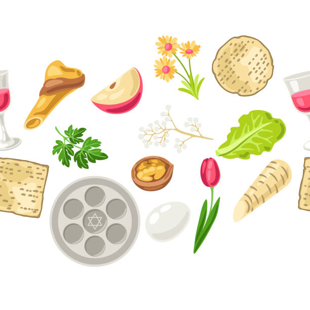 ilustraciones, imágenes clip art, dibujos animados e iconos de stock de feliz pesaj judío pésaj plato sin costuras. fondo festivo con símbolos tradicionales. - matzo