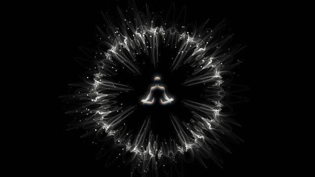 Spiritual journey of meditating man in lotus yoga position sitting in the centre of a circle of moving particles. Abstract animation for yoga concept