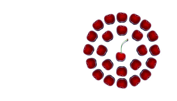 Closeup shot of red cherries in a circle pattern isolated on a white background with copyspace