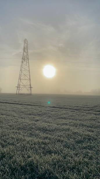 mroźne poranne słońce w pobliżu pylonu - suffolk winter england fog zdjęcia i obrazy z banku zdjęć