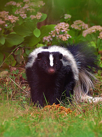 wild young skunk eating cat food depiction