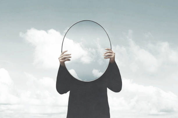 Illustration of woman in black holding a surreal mirror among clouds, surreal abstract concept vector art illustration