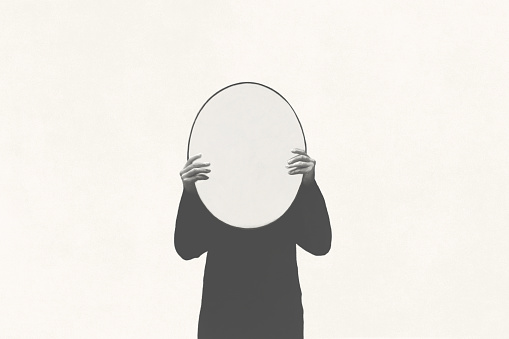 Illustration of person holding round shape mirror, illusion absence concept