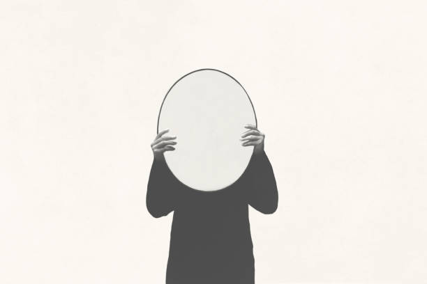 Illustration of person holding round shape mirror, illusion absence concept vector art illustration