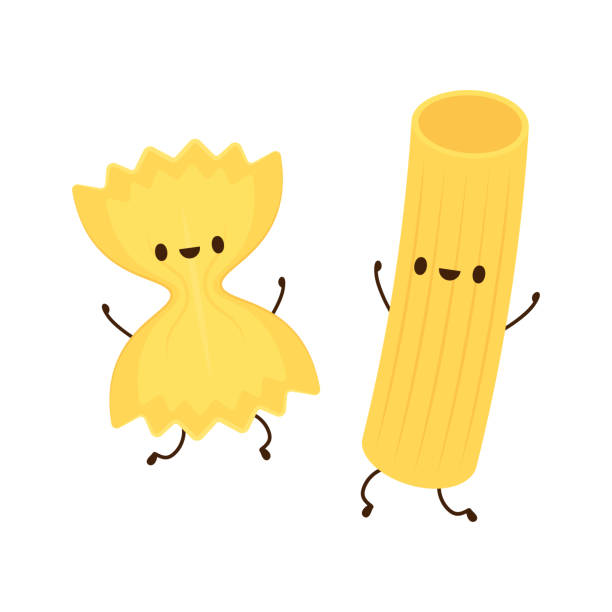 ilustrações, clipart, desenhos animados e ícones de design de personagens de macarrão de macarrão. macarrão de macarrão no fundo branco. vetor de massa farfalle. - rigatoni