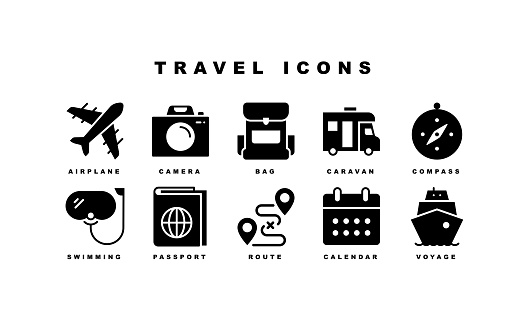 Travel, Airport, Suitcase, Passport, Compass, Ship, Swimming Pool, Rucksack, Bicycle, Caravan, Swimming, Canoe, Sunbathe, Tent, Calendar, Mountain, Photographic, Restaurant, Route Icons