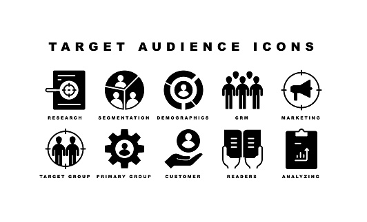 Target Audience, Market, Consumer, Customer, Strategy, Target Market, Audience Management, Research, Analyzing, Core Audience, Intended User, Target Group, Success, Primary Audience, Potential Client, Population, Readers, Advertising Target, Segmentation Icons