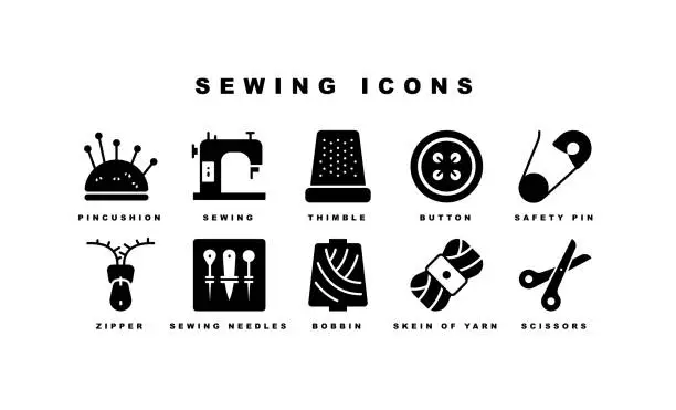 Vector illustration of Sewing, Sewing Machine, Iron, Scissors, Zipper Icons