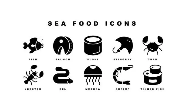 Vector illustration of Sea Food, Octopus, Crab, Sea Food, Calamari, Caviar, Stingray Icons