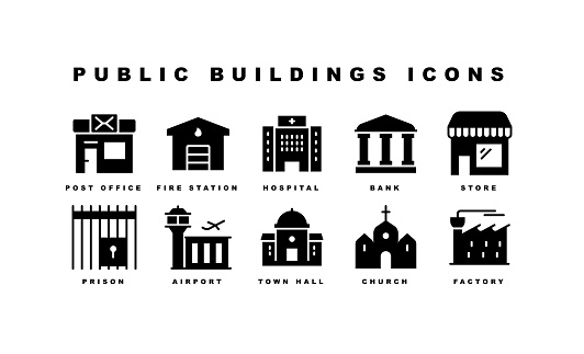 Public Buildings, Post Office, Fire Station, Office Center, Library, Store, Airport, Bank, Hotel, Church, Hospital, Prison, Factory, Government, Police Station, School, Museum, Courthouse, Shopping Mall Icons