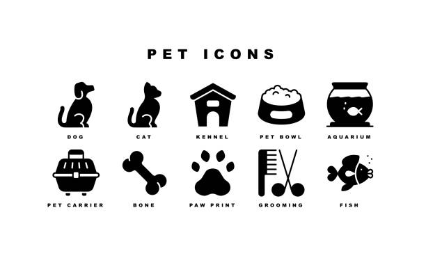 Pet, Animal, Dog, Cat, Pet Food Icons Pet, Dog, Cat, Aquarium, Hamster Wheel, Pet Collar, Kennel, Pet Carrier, Pet Shop, Fish, Rabbit, Terrapin, Paw Print, Parrot, Vet Help, Grooming, Bird Cage, Vaccination, Pet Bowl, Pet Food, Bone icons. animal hospital symbol stock illustrations