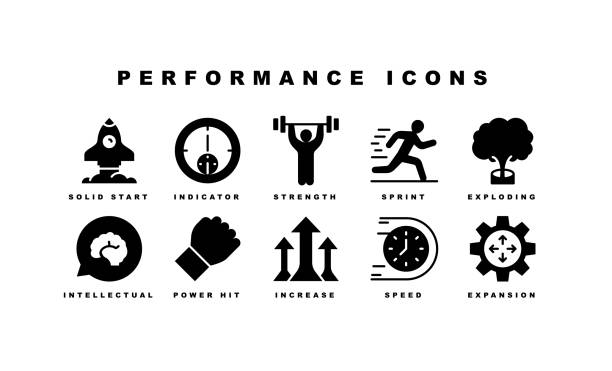 ilustrações de stock, clip art, desenhos animados e ícones de performance, focusing, mental performance, speed, strength icons - performance efficiency business determination