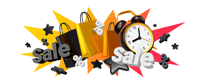 3d illustration with word sale, shopping bag and black retro alarm clock on color background for time sale banner