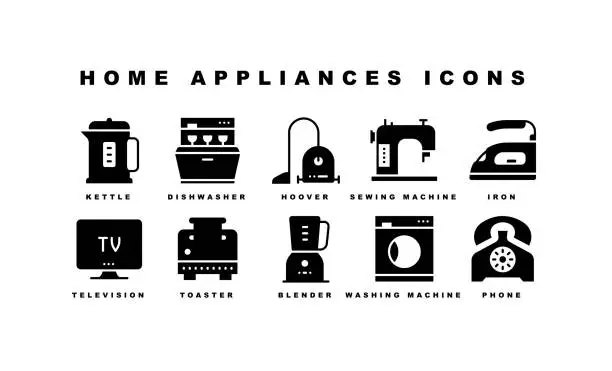 Vector illustration of Home Appliances, Kettle, Oven, Dishwasher, Iron, Sewing Machine Icons