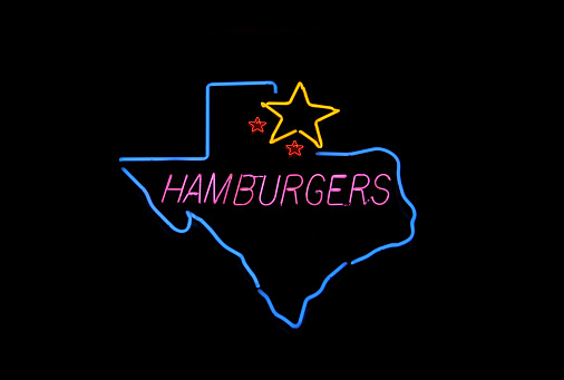 A photo composite image, Texas sign Hamburgers