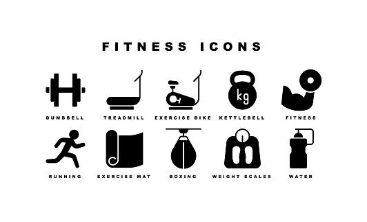 Fitness, Pool, Basketball, Running, Dumbbell, Weight Scales, Pulse, Kettlebell, Exercise Bike, Mountain Bike, Pills, Stopwatch, Calendar, Barbell, Water, Mat, Treadmill, Music, Fitness Icons