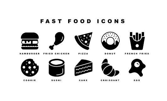 Hamburger, Pizza, Donut, Croissant, Cookies, Fried Egg, Fried Chicken, Cupcake, French Fries, Hot Dog, Pancake, Onion Rings, Biscuits, Barbecue, Chocolate, Sushi, Toast, Cake Icon Design