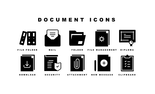 New Document, Folder, Mail, Contract, Report, Invoice, File Management, Printer, Tasks, Invoice, Save Document, Search, Attachment Document Icons