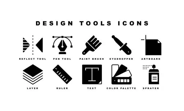 Vector illustration of Design Tools, Layer, Text, Pen Tool, Ruler, Paint Brush Icons