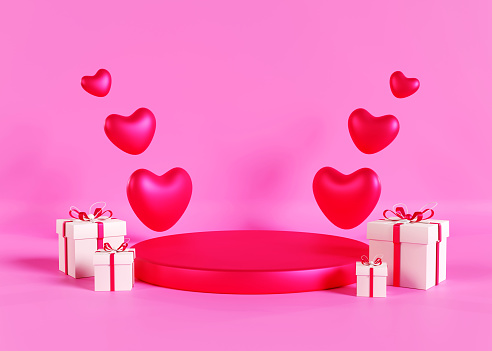 Product presentation podium background for Valentine's day. Hearts and gift boxes on the pink background. Valentine’s day podium stage with gift box