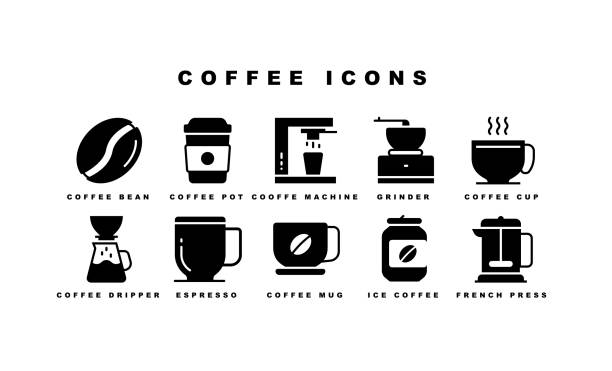Coffee, Coffee Dripper, Coffee Bean, Coffee Maker, Coffee Pot Icons Coffee, Coffee Dripper, Coffee Bean, Coffee Maker, Coffee Pot, Coffee Cup, Ice Coffee, Cold Brew, Coffee Mug, French Press, Coffee Shop, Milk & Syrup, Turkish coffee, Coffee Pack, Coffee Tree, Coffee Grinder, Espresso Icons pouring coffee close up stock illustrations
