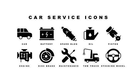 Car Service, Piston, Car Lifter, Car Engine, Maintenance, Disc Brake, Battery, Inflate Tire, Mechanic, Car, Oil Filter, Car Chassis, Body Repair, Spark Plug, Steering Wheel, Gearbox, Oil, Tow Truck Icons