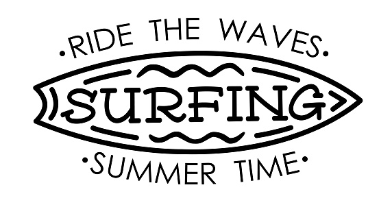 Surf. Minimal vector logo. Summer illustration. Surfboard design badge, sign. Black and white icon surfing on waves. Typography lettering logo with silhouette of surfboard. Tee, t-shirt design.