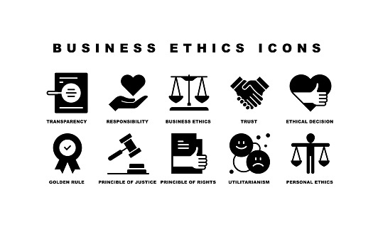 Business Ethics, Social Responsibility, Consumer Protection, Business Ethics, Golden Rule, Principle of Justice, Reliability, Transparency, Ethics Issues in HRM, Environmental Ethics, Marketing Ethics, Financial Ethics, Morality, Investor’s Rights, Ethical Decision, Trust, Principle of Rights, Behavior, Personal Ethics Icons