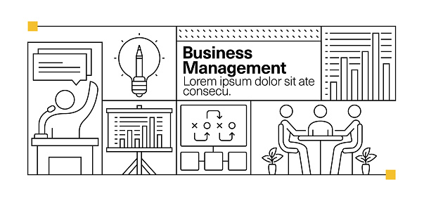 Business Management Line Icon Set and Banner Design