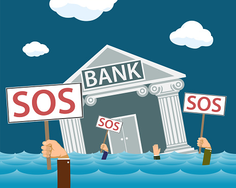 Businessmen hold signs with the word SOS on the background of a sinking bank. Financial crisis and business bankruptcy. Vector illustration
