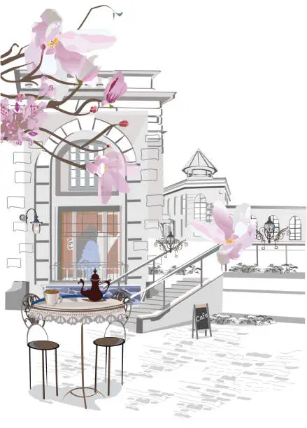 Vector illustration of Series of backgrounds decorated with flowers, old town views and street cafes. Café window.
