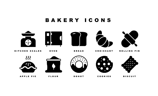 Bakery Shop, Bread, Flour, Rolling Pin, Croissant, Cake, Donut, Burger, Pizza, Kitchen Scales, Biscuits, Mill, Oven, Pancake, Apple Pie, Cookies, Brownie, Cupcake, Macaron Icons.