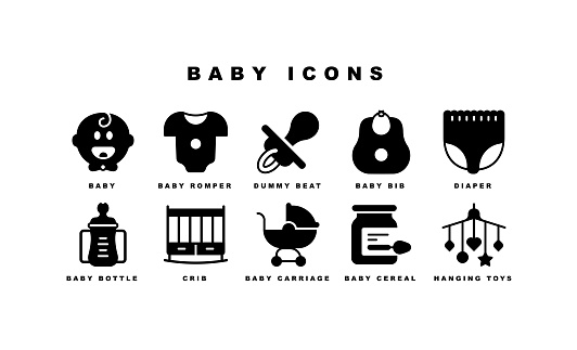 Baby, Crib, Dummy beat, Baby Bootle, Baby Carriage, Baby Boy, Baby Girl, Baby Bib, Health Food, Diaper, Baby Cereal, Teddy bear, Baby Romper, Thermometer, Toy Drum, Hanging Toys, Birthday cake, Rubber Duck, Rattles Icons.