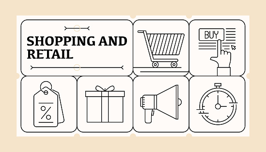 Shopping and Retail Line Icon Set and Banner Design
