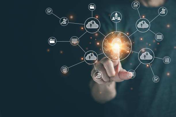 istock Personal touching virtual screen to scan fingerprint digital, change management concept ,internet of things, big data and business process, automation, storage systems,Cloud Computing. 1464105508