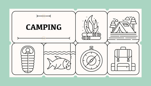 ilustraciones, imágenes clip art, dibujos animados e iconos de stock de juego de iconos de la línea de camping y diseño de pancartas - mobile home audio