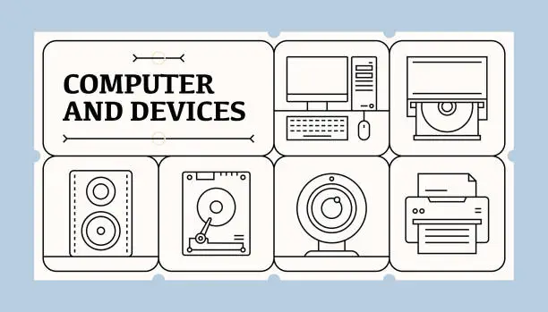 Vector illustration of Computer and Devices Line Icon Set and Banner Design