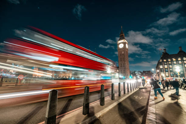 London, red bus and Big Ben at night, long exposure