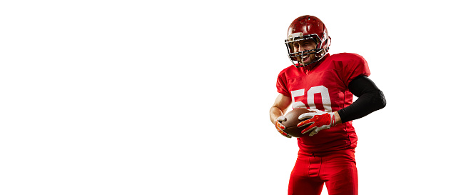 Flyer with professional american football player in sports uniform and protective helmet isolated over white background. Sport, team, competition, championship concept
